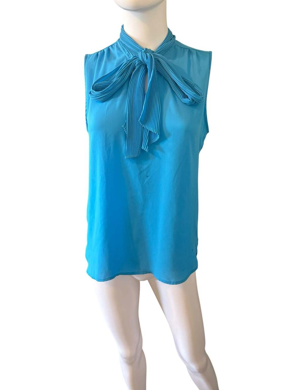 7th Avenue New York & Company Blue Sleeveless Pleated Neck Tie Blouse Top XS